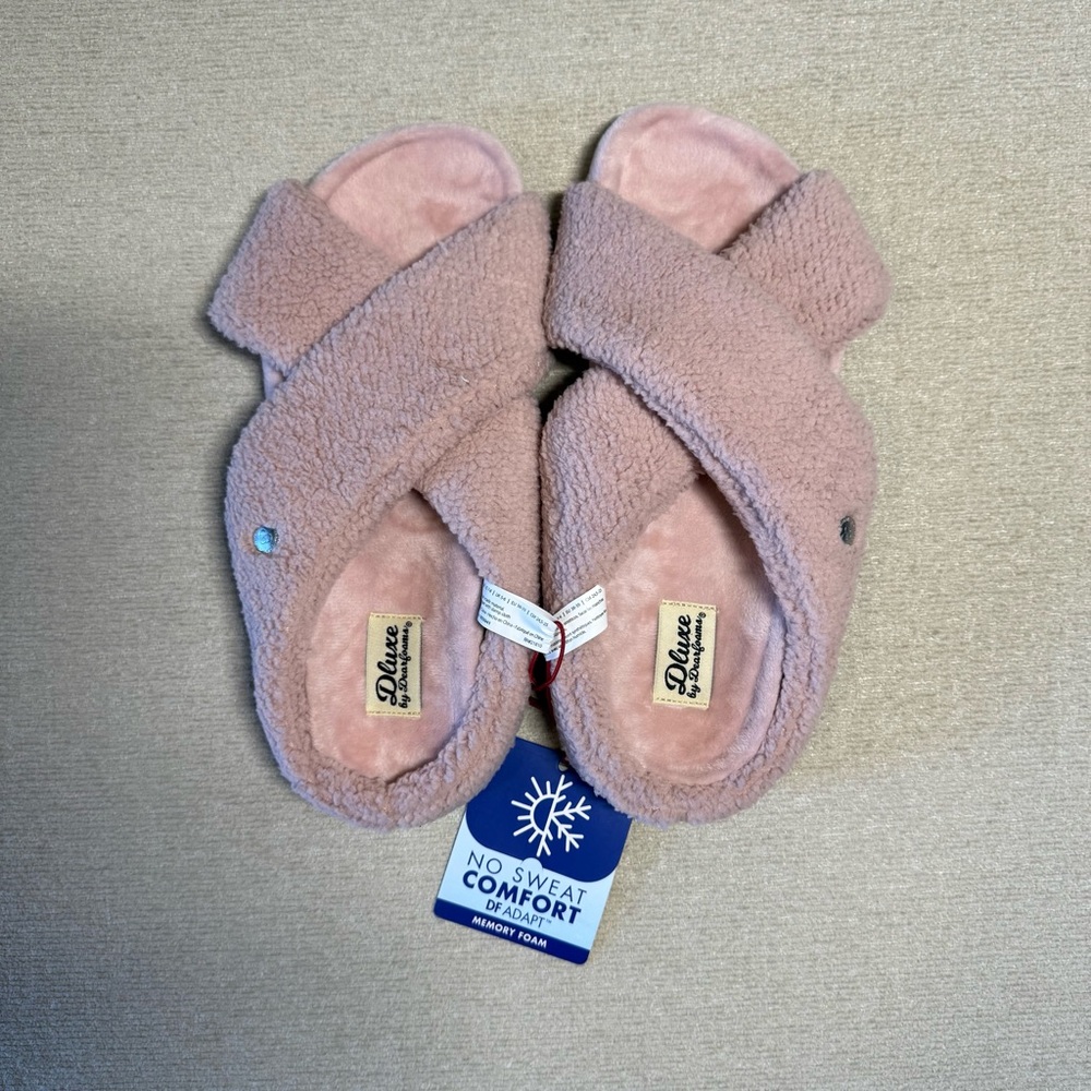 Dluxe Dear Foams Pink Plush Crossband Slide Slippers M 7-8